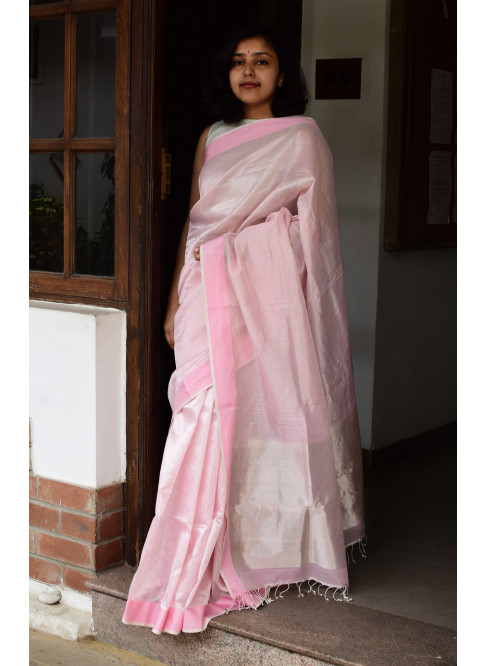 Light Pink, Handwoven Organic Cotton, Textured Weave , Jacquard, Festive Wear, Jari, Tissue Saree
